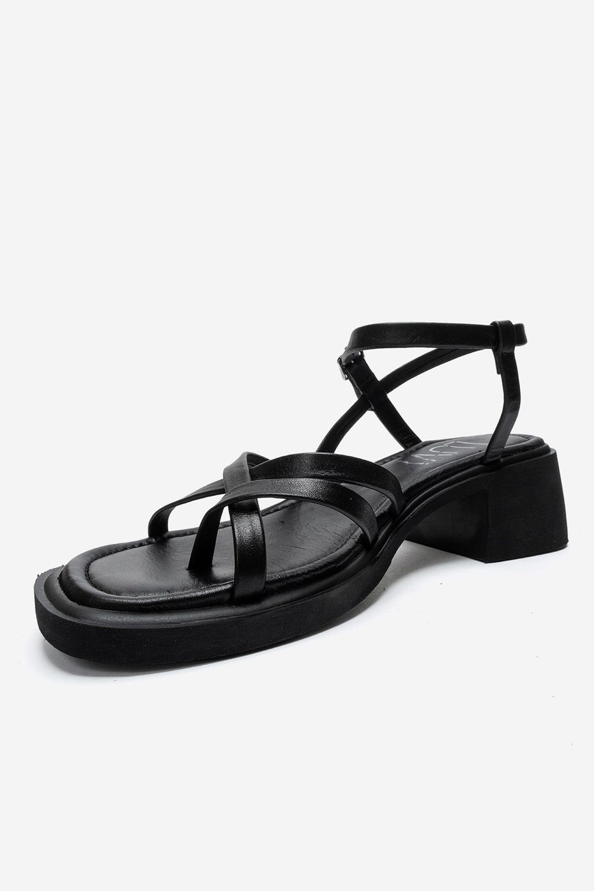 Cirelle - Black Genuine Leather Toe-Post Block Heel Sandal – top view showing leather, black, Vowalisse