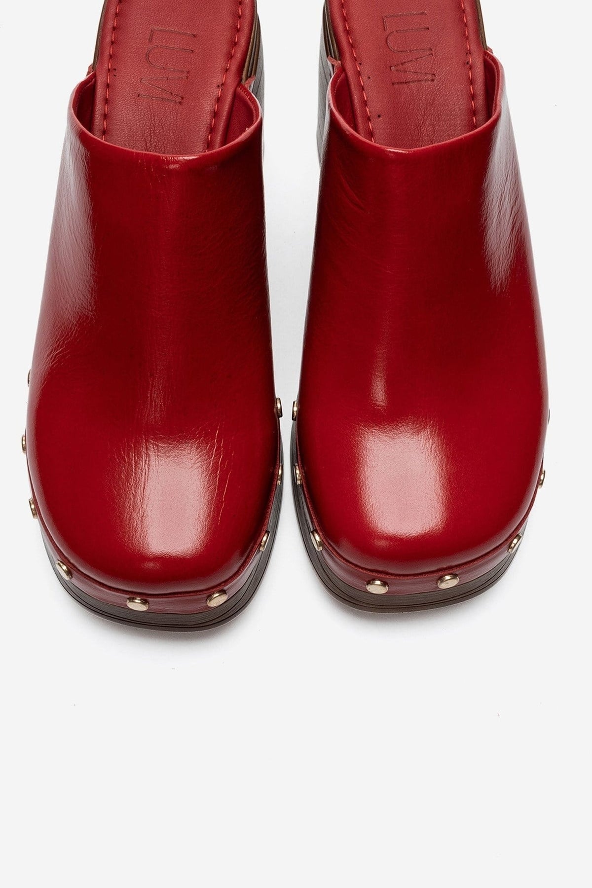 BELLUNE - Red Patent Genuine Leather Platform Mule – side view showing leather, red, Vowalisse