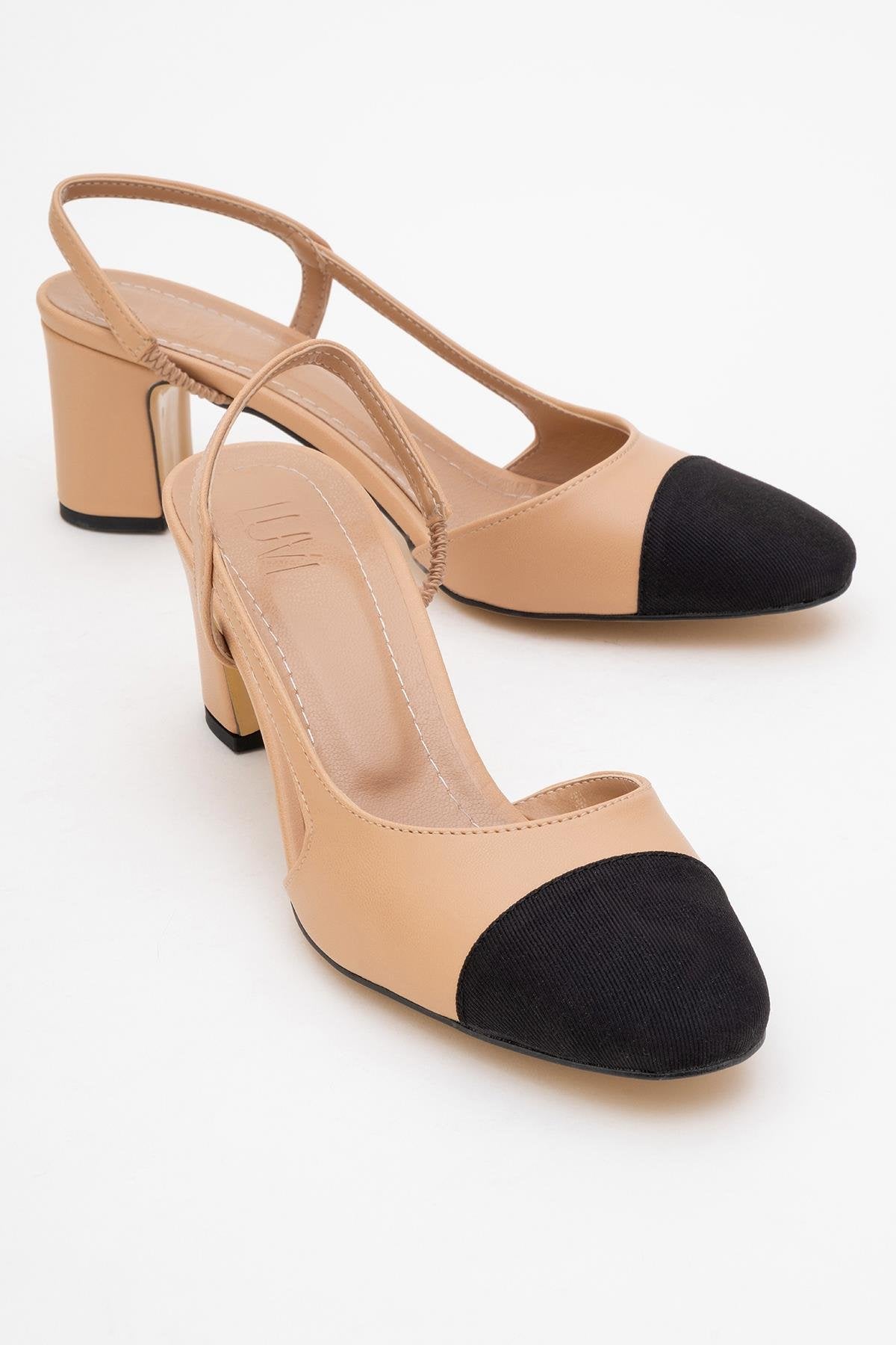S3 - Beige Black Closed Toe Block Heel Sandal – front three-quarter view showing leather, black, Vowalisse