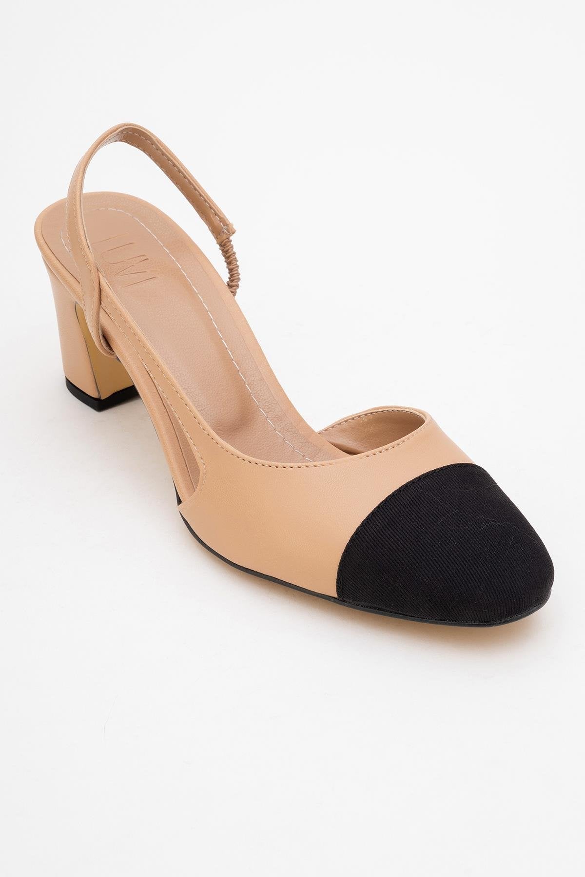 S3 - Beige Black Closed Toe Block Heel Sandal – detail view showing leather, black, Vowalisse