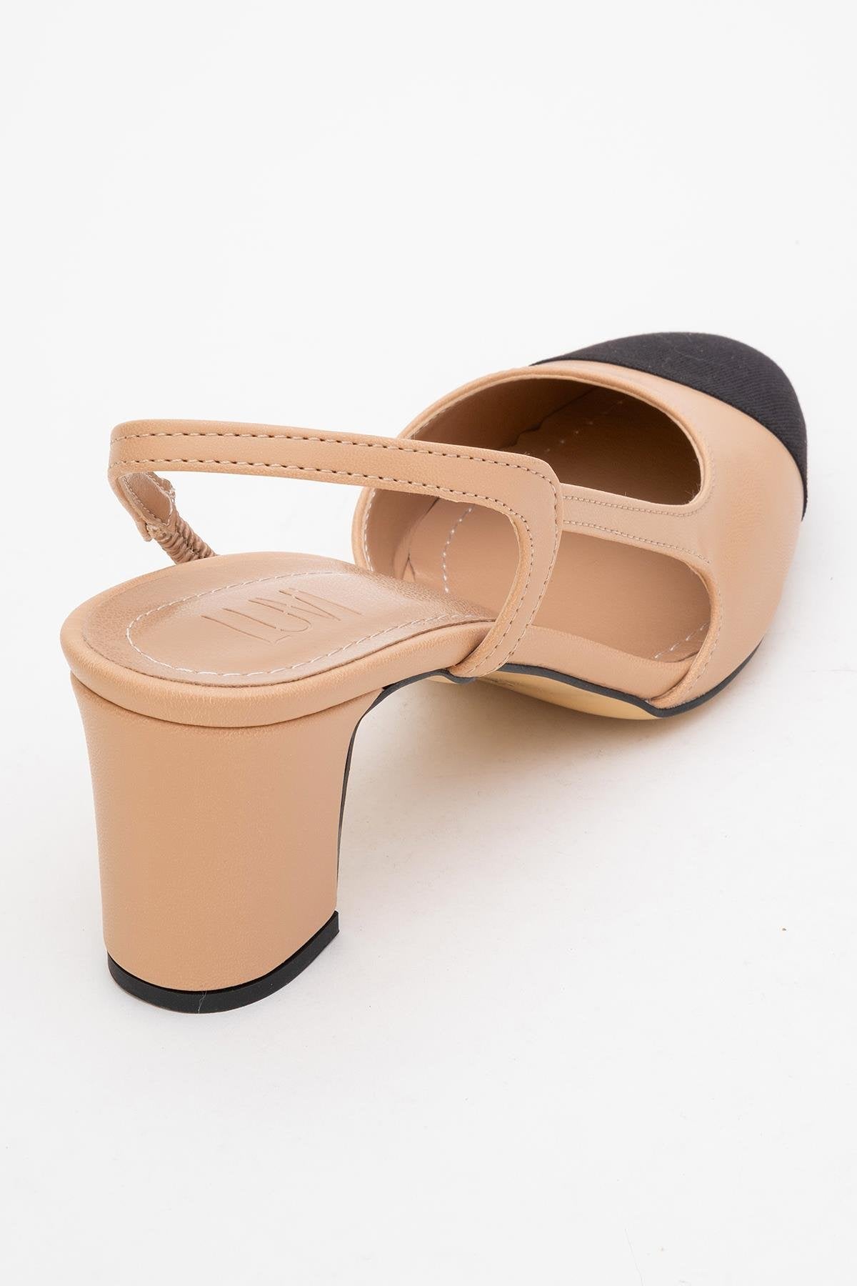 S3 - Beige Black Closed Toe Block Heel Sandal – top view showing leather, black, Vowalisse