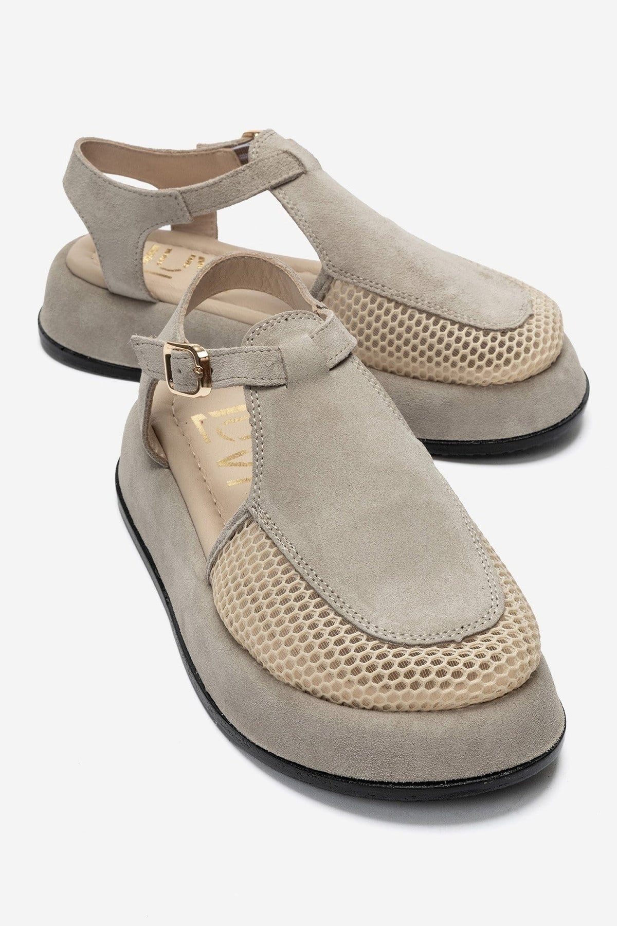 LURELIA - Beige Genuine Leather Platform Sandal – front three-quarter view showing leather, suede, mesh, Vowalisse