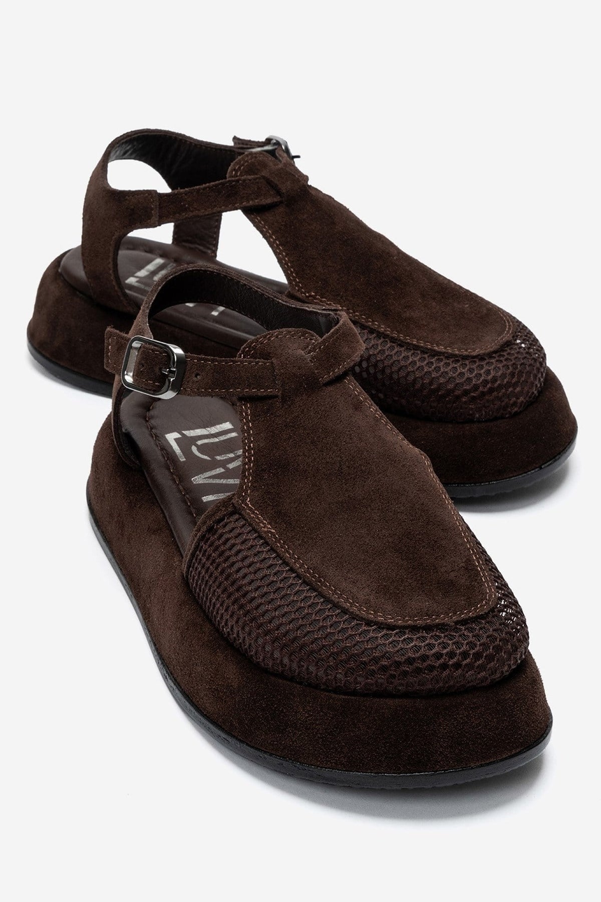 LURELIA - Brown Genuine Leather Platform Sandal – front three-quarter view showing leather, suede, mesh, Vowalisse