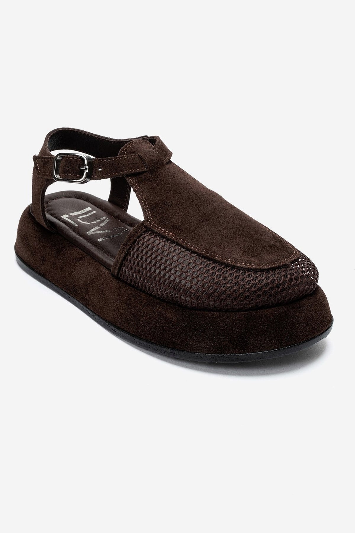 LURELIA - Brown Genuine Leather Platform Sandal – detail view showing leather, suede, mesh, Vowalisse