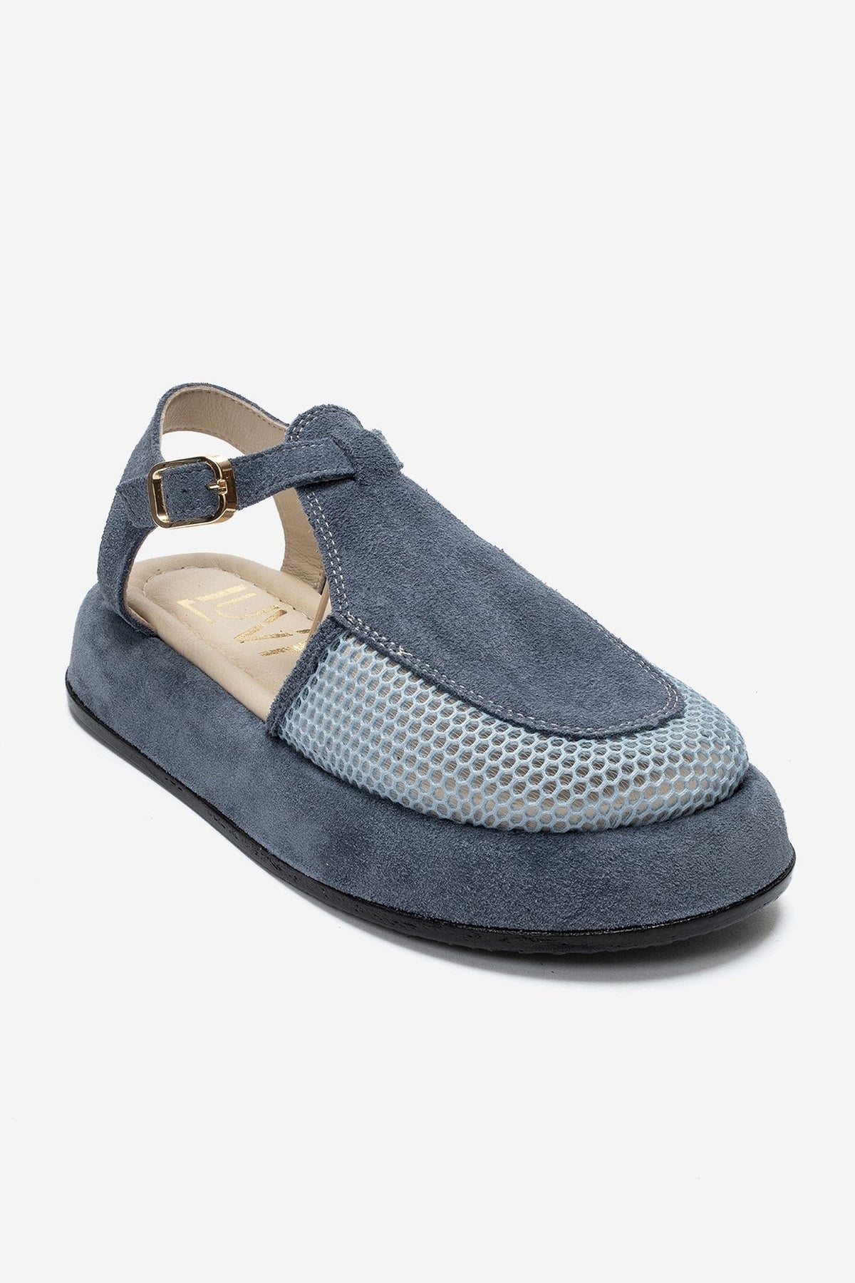 LURELIA - Denim Blue Genuine Leather Platform Sandal – detail view showing leather, suede, mesh, Vowalisse