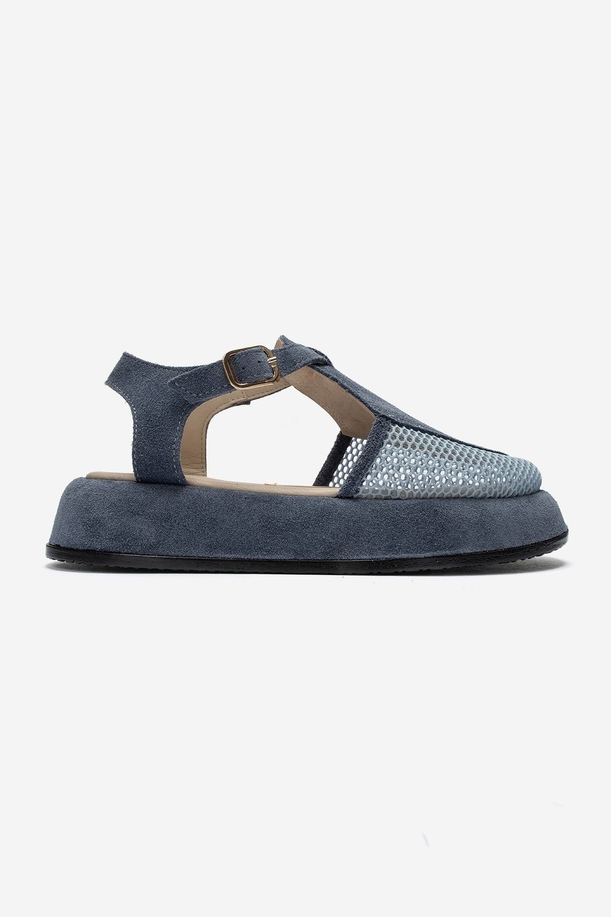 LURELIA - Denim Blue Genuine Leather Platform Sandal – heel view showing leather, suede, mesh, Vowalisse