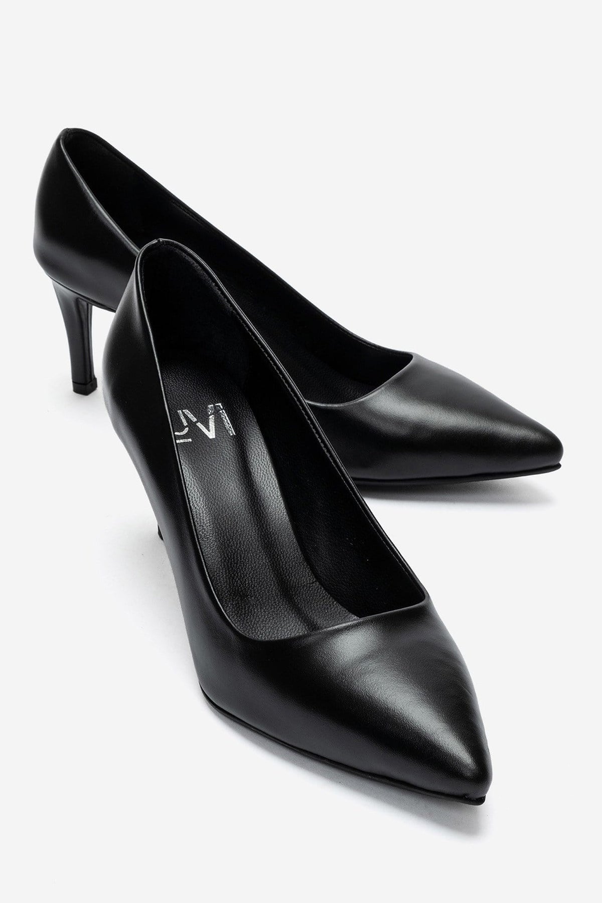 Clyde - Black Genuine Leather Stiletto Pump – front three-quarter view showing leather, black, Vowalisse