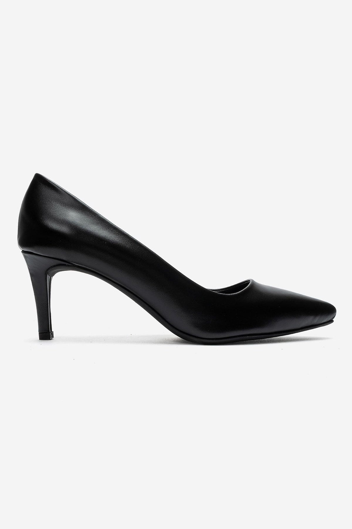 Clyde - Black Genuine Leather Stiletto Pump – heel view showing leather, black, Vowalisse