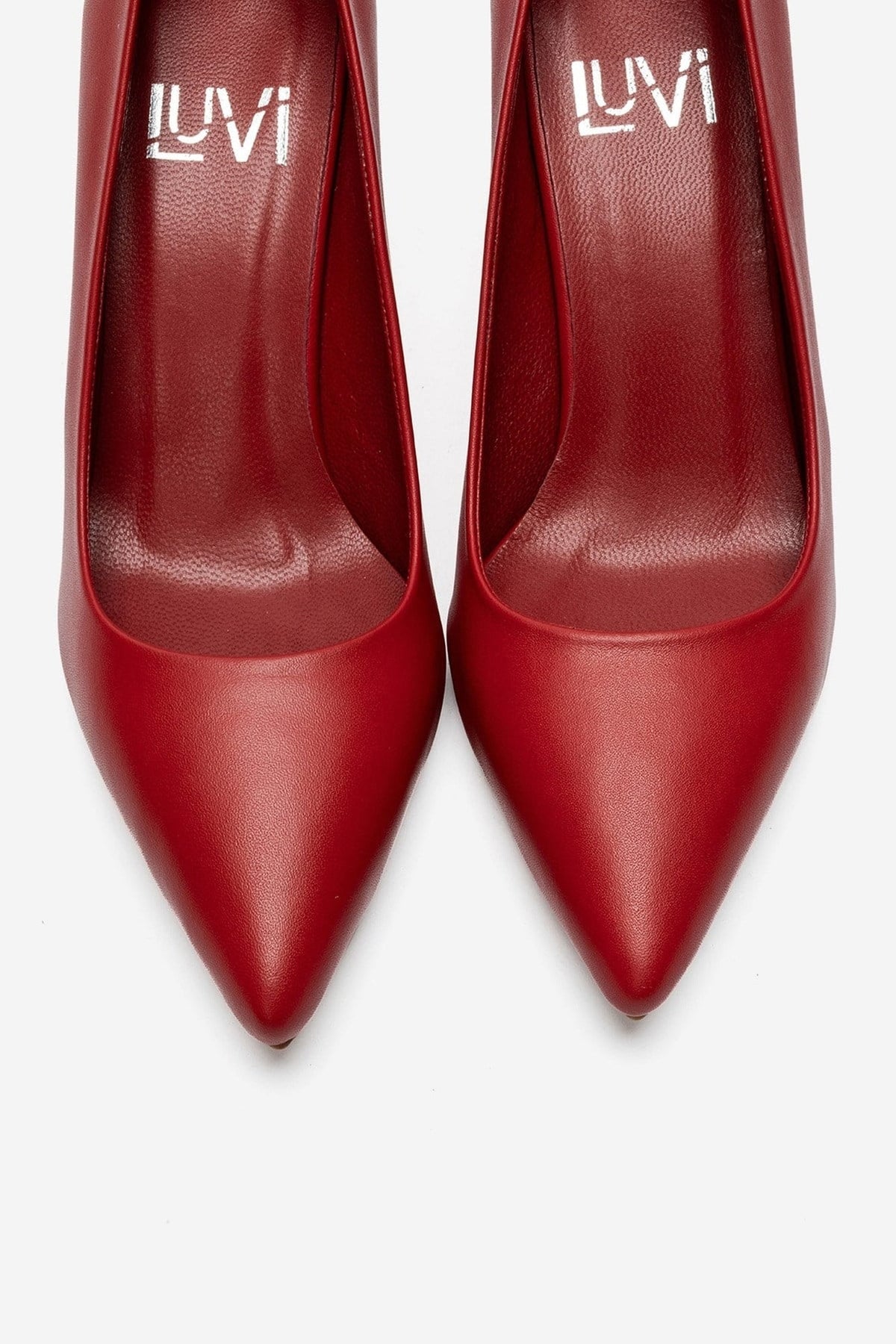 CLYDE - Red Genuine Leather Stiletto Pump – side view showing leather, red, Vowalisse