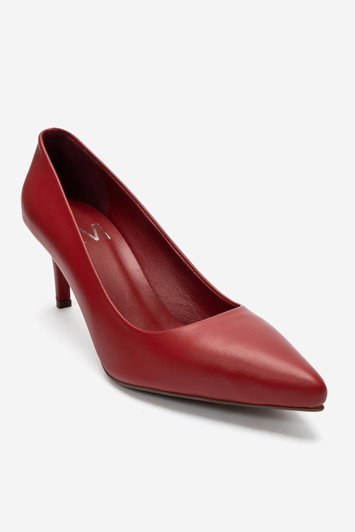 CLYDE - Red Genuine Leather Stiletto Pump – detail view showing leather, red, Vowalisse
