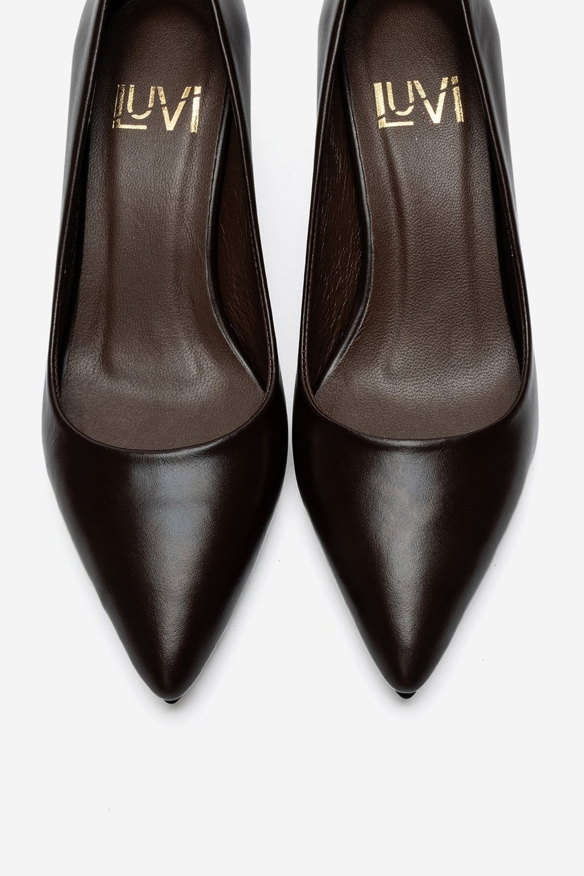 JALEN - Brown Genuine Leather Stiletto Pump – side view showing leather, Vowalisse