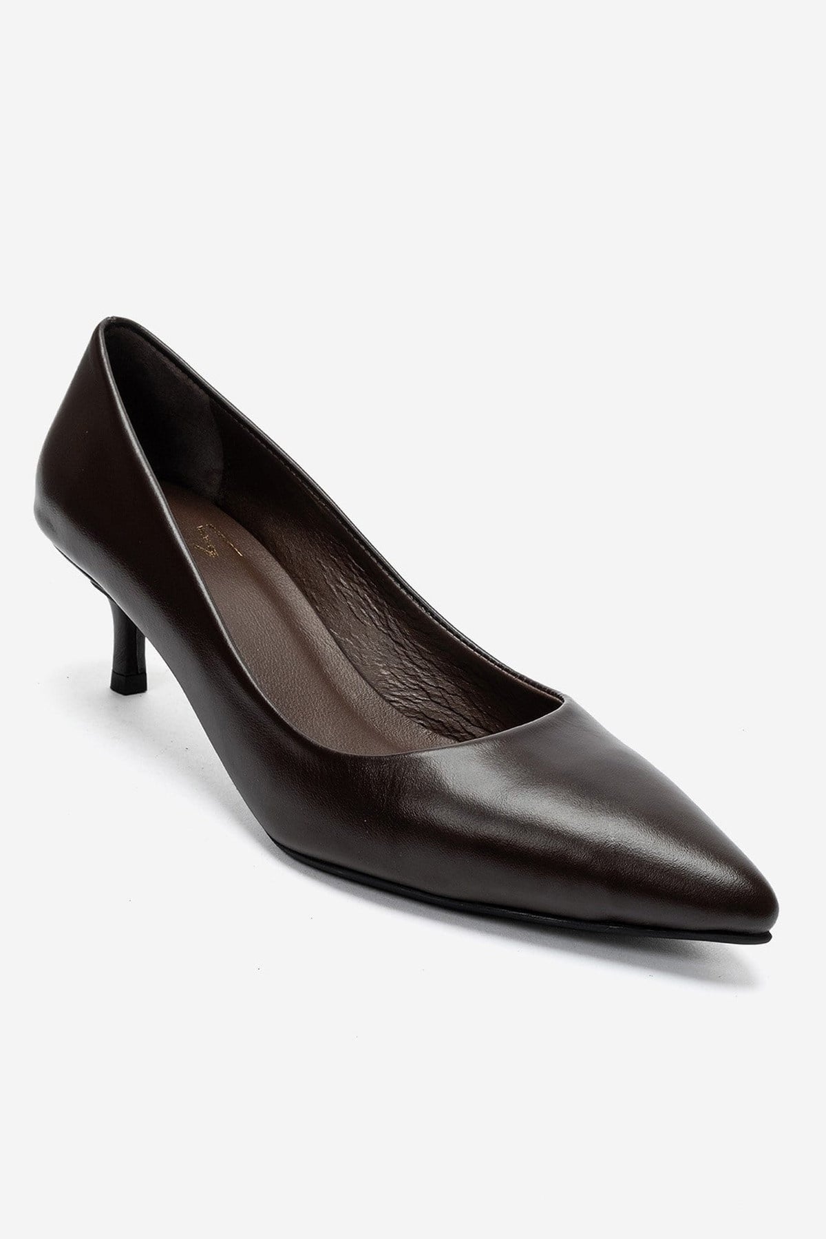 JALEN - Brown Genuine Leather Stiletto Pump – detail view showing leather, Vowalisse