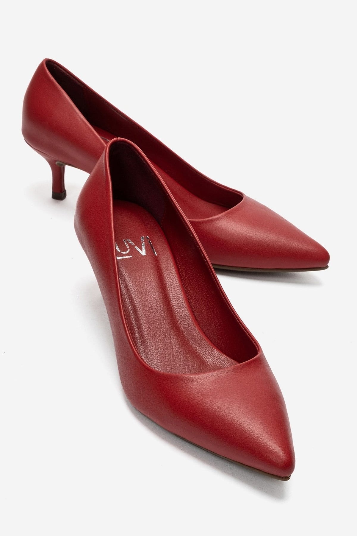 JALEN - Red Genuine Leather Stiletto Pump – front three-quarter view showing leather, red, Vowalisse