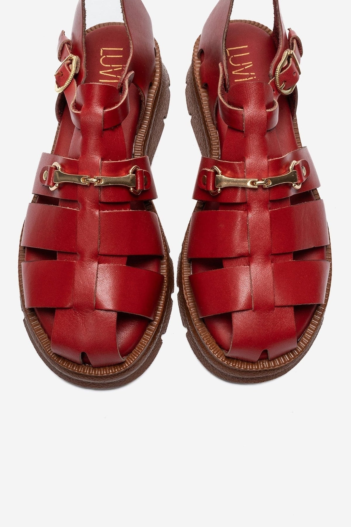 RIELA - Red Genuine Leather Multi-Strap Closed-Back Buckle Sandal – side view showing leather, red, Vowalisse