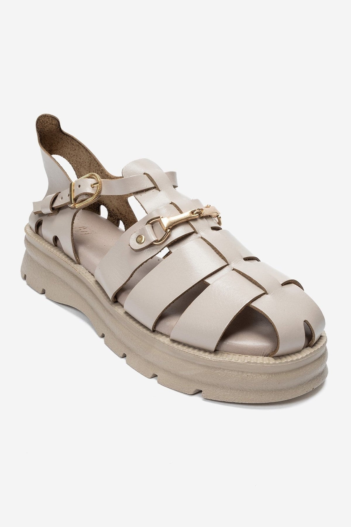 RIELA - Beige Genuine Leather Multi-Strap Closed-Back Buckle Sandal – detail view showing leather, Vowalisse
