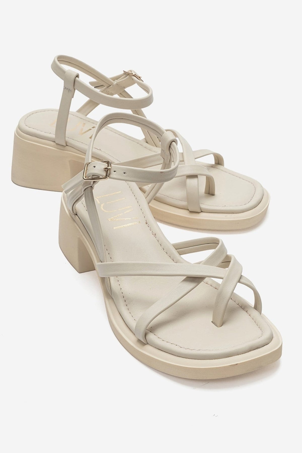 Cirelle - Beige Genuine Leather Toe-Post Block Heel Sandal – front three-quarter view showing leather, Vowalisse