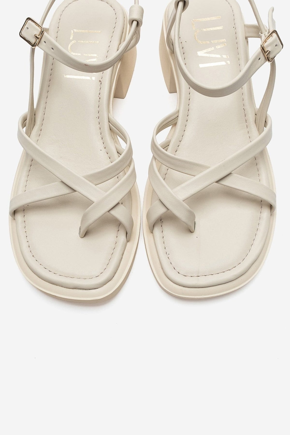 Cirelle - Beige Genuine Leather Toe-Post Block Heel Sandal – side view showing leather, Vowalisse