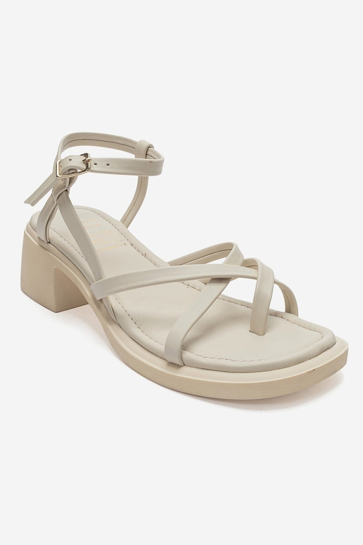 Cirelle - Beige Genuine Leather Toe-Post Block Heel Sandal – detail view showing leather, Vowalisse