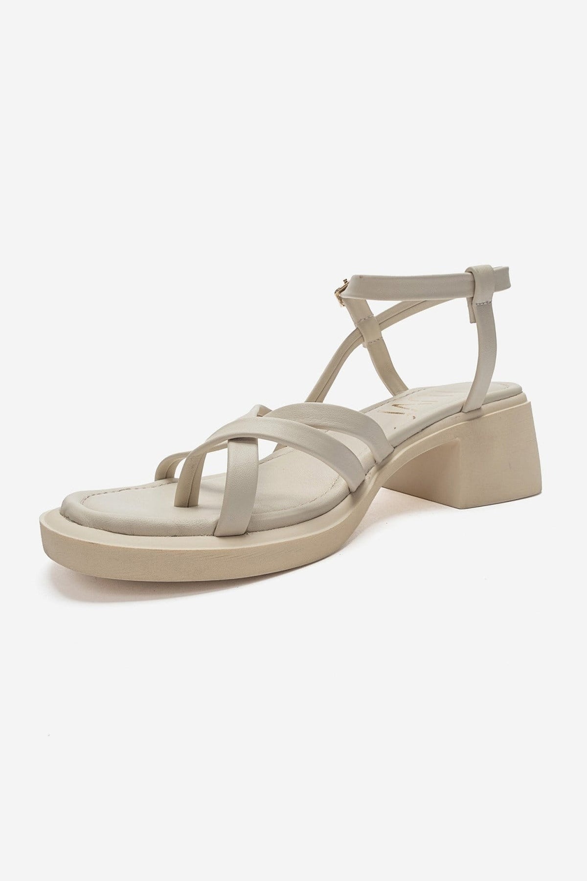 Cirelle - Beige Genuine Leather Toe-Post Block Heel Sandal – top view showing leather, Vowalisse
