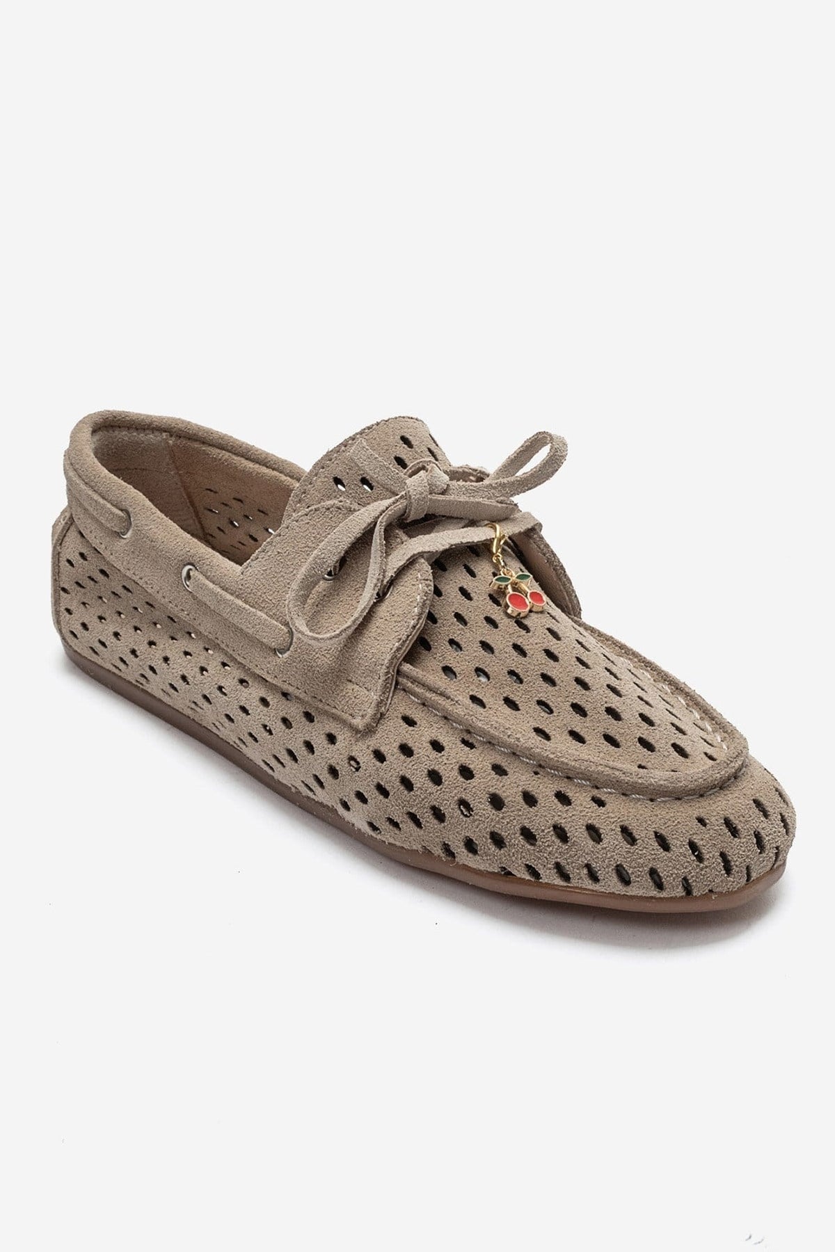 Stevo - Beige Genuine Suede Leather Lace-Up Loafer – detail view showing lace, leather, suede, Vowalisse