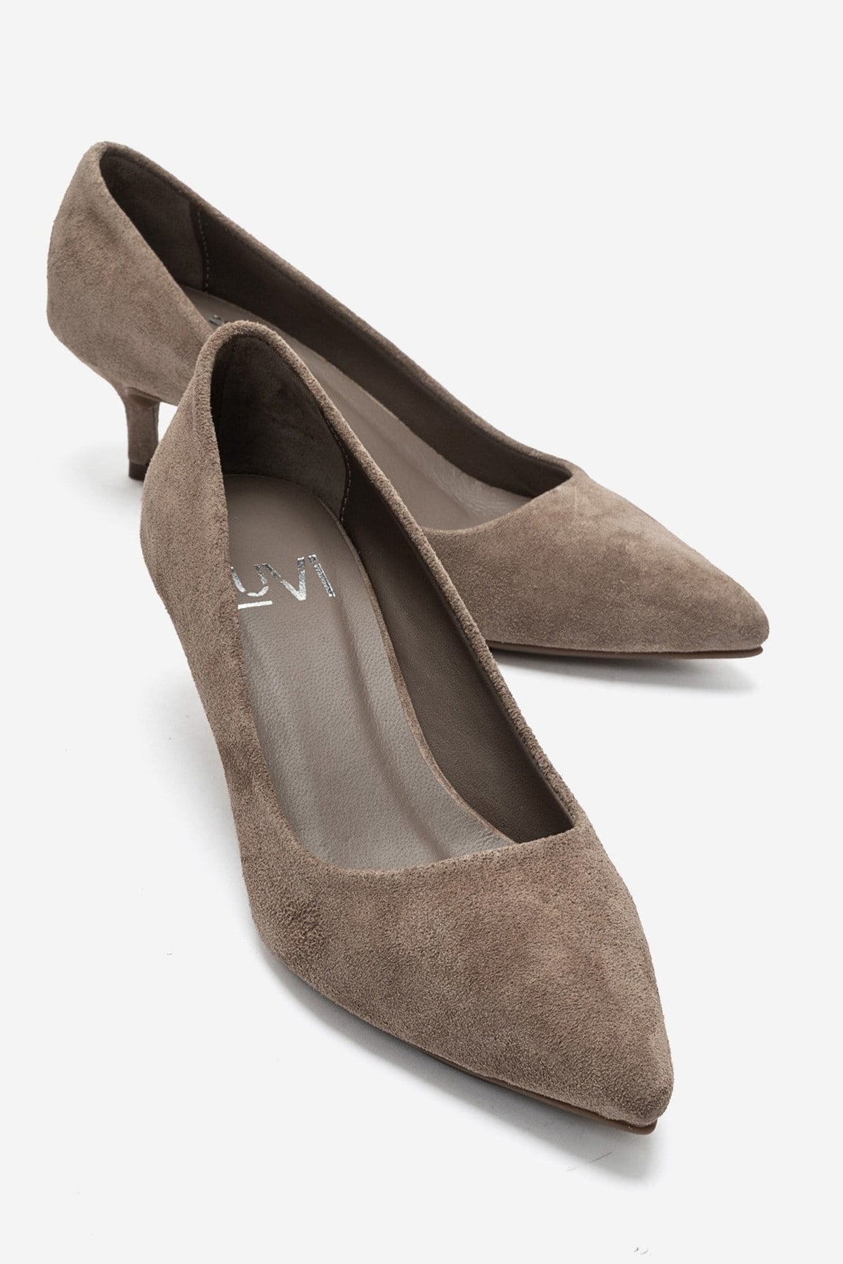 JALEN - Taupe Genuine Leather Low Heel Pump – front three-quarter view showing leather, suede, Vowalisse