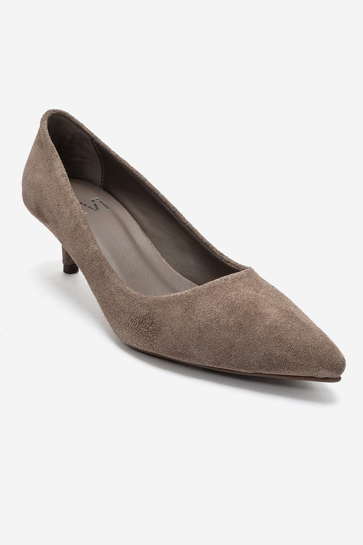 JALEN - Taupe Genuine Leather Low Heel Pump – detail view showing leather, suede, Vowalisse