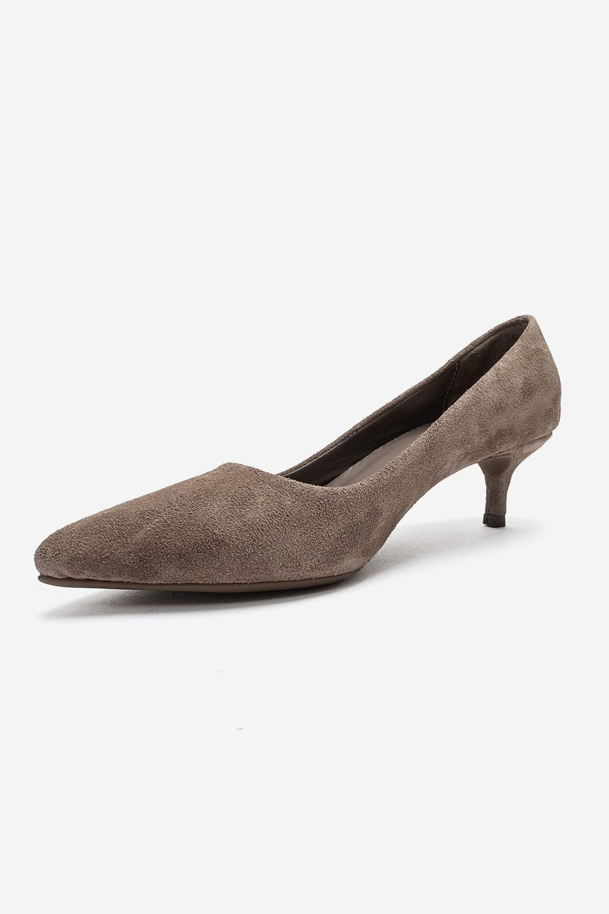 JALEN - Taupe Genuine Leather Low Heel Pump – top view showing leather, suede, Vowalisse