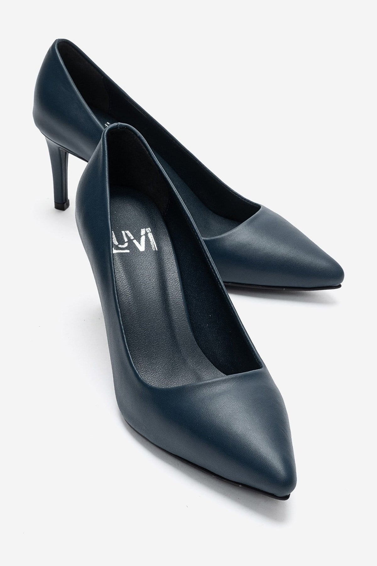 CLYDE - Navy Genuine Leather Stiletto Pump – front three-quarter view showing leather, Vowalisse
