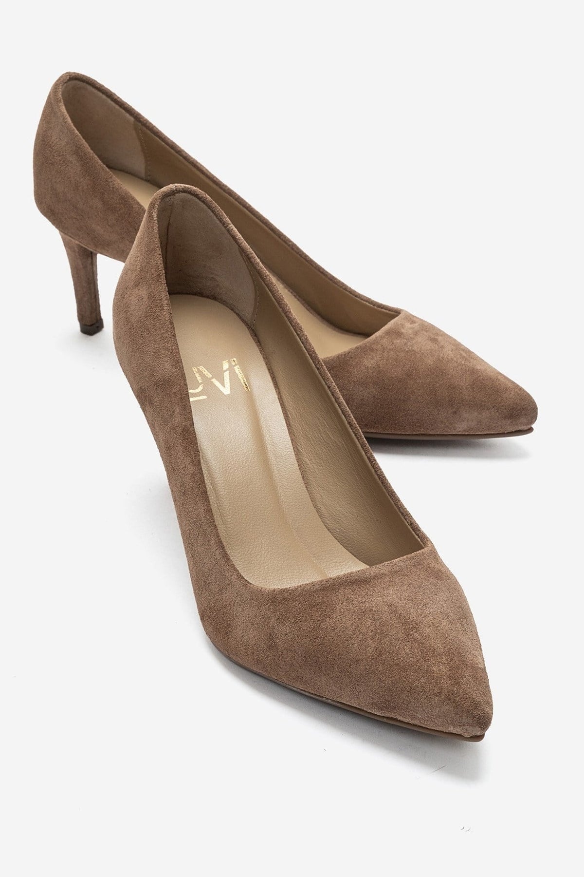 CLYDE - Taupe Suede Genuine Leather Stiletto Pump – front three-quarter view showing leather, suede, Vowalisse