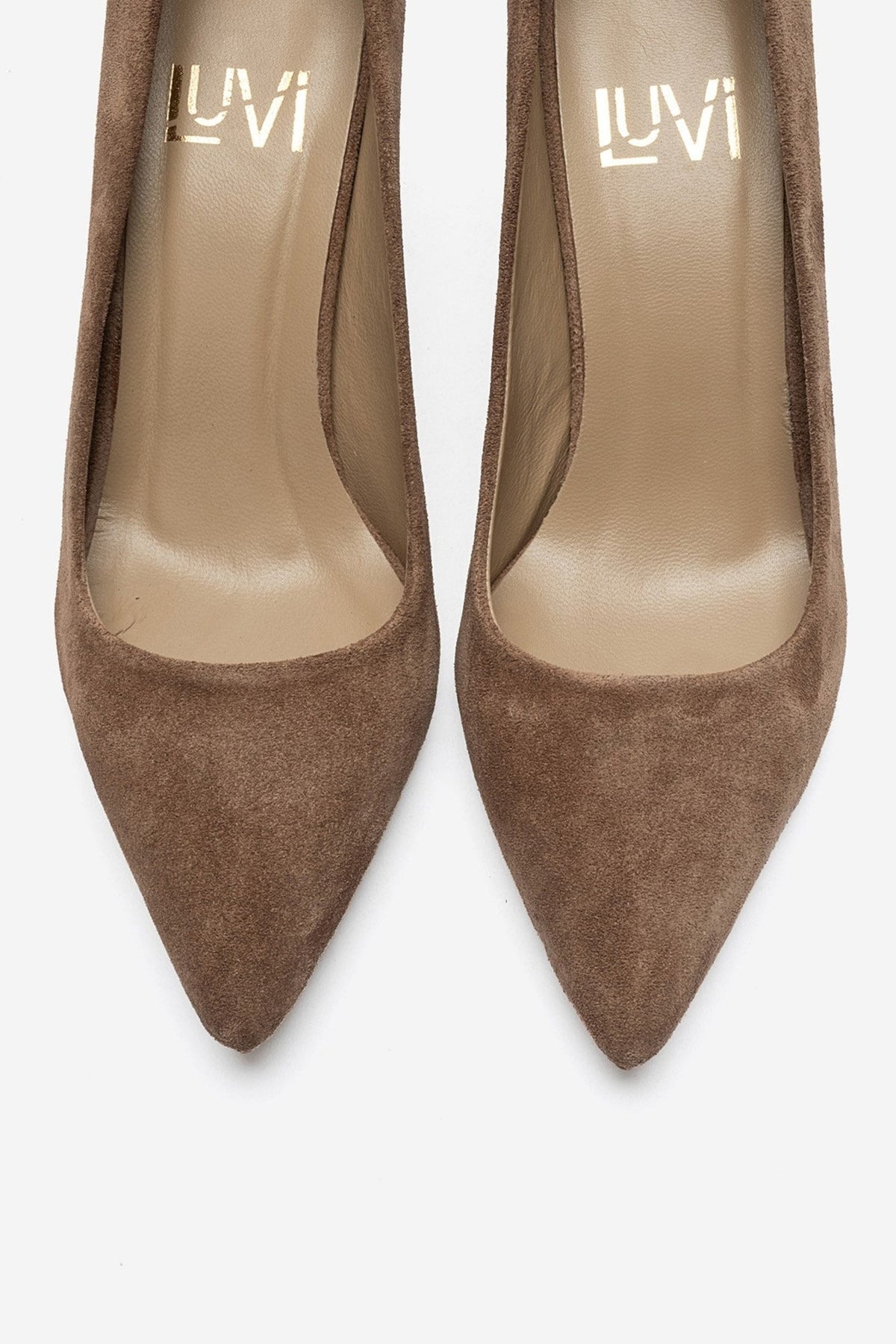 CLYDE - Taupe Suede Genuine Leather Stiletto Pump – side view showing leather, suede, Vowalisse