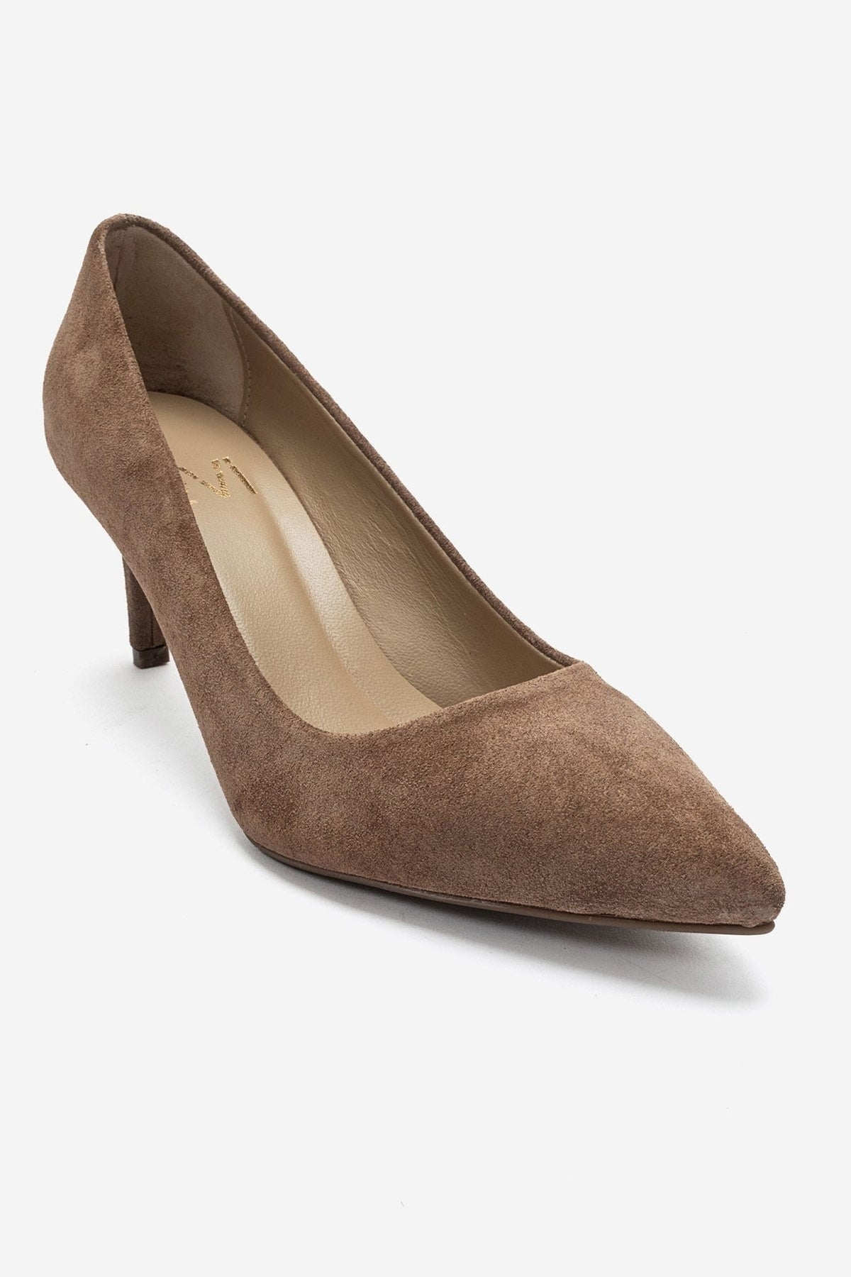 CLYDE - Taupe Suede Genuine Leather Stiletto Pump – detail view showing leather, suede, Vowalisse
