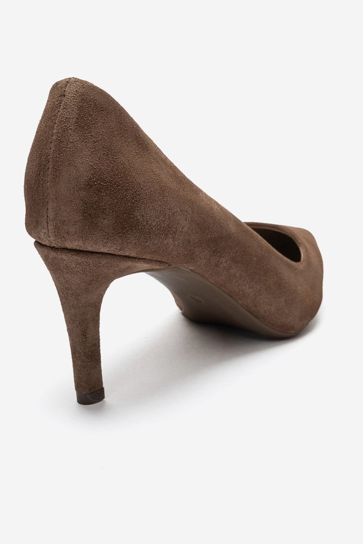 CLYDE - Taupe Suede Genuine Leather Stiletto Pump – back view showing leather, suede, Vowalisse