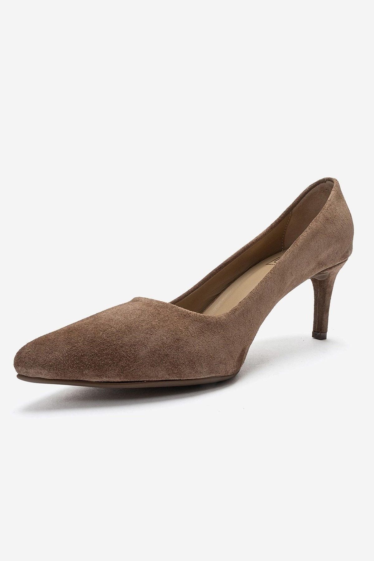 CLYDE - Taupe Suede Genuine Leather Stiletto Pump – top view showing leather, suede, Vowalisse