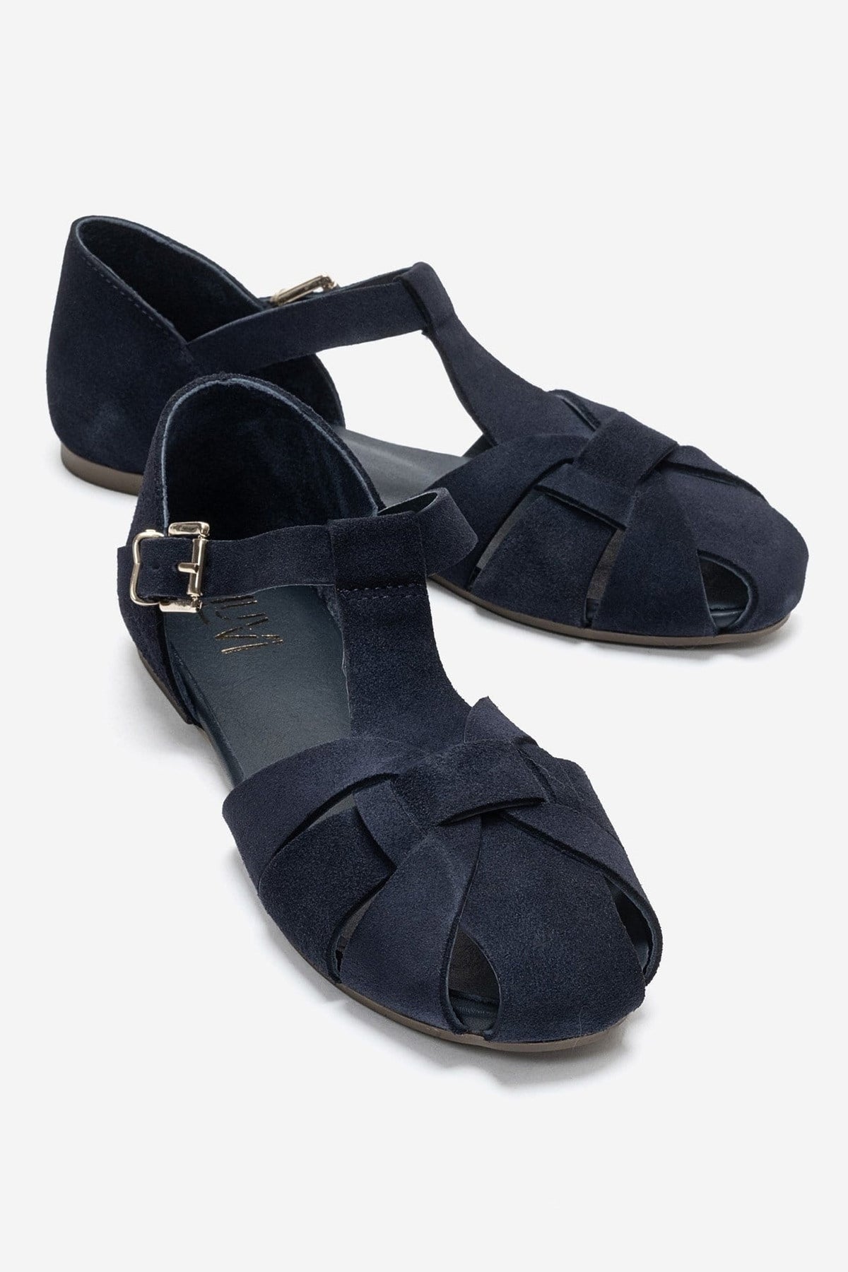 ALINA - Navy Genuine Leather Sandal – front three-quarter view showing leather, suede, Vowalisse