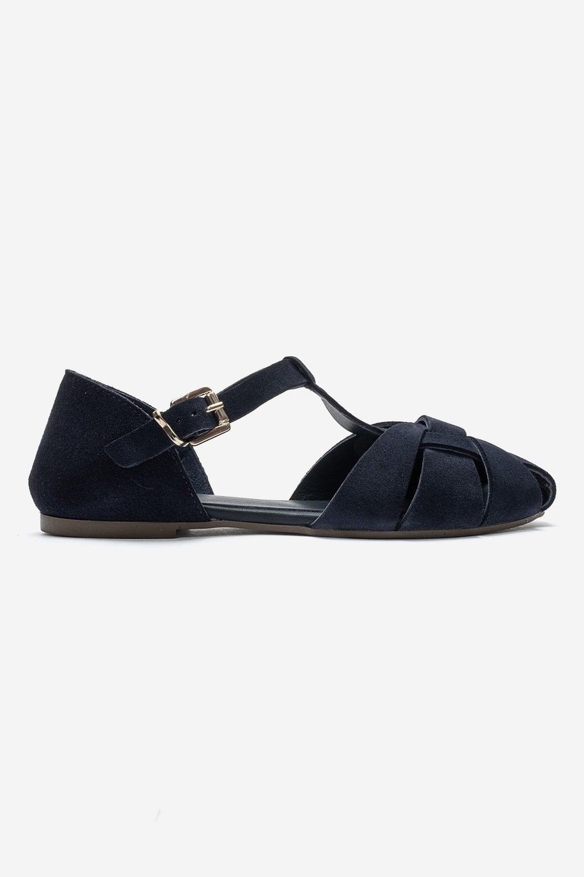 ALINA - Navy Genuine Leather Sandal – heel view showing leather, suede, Vowalisse