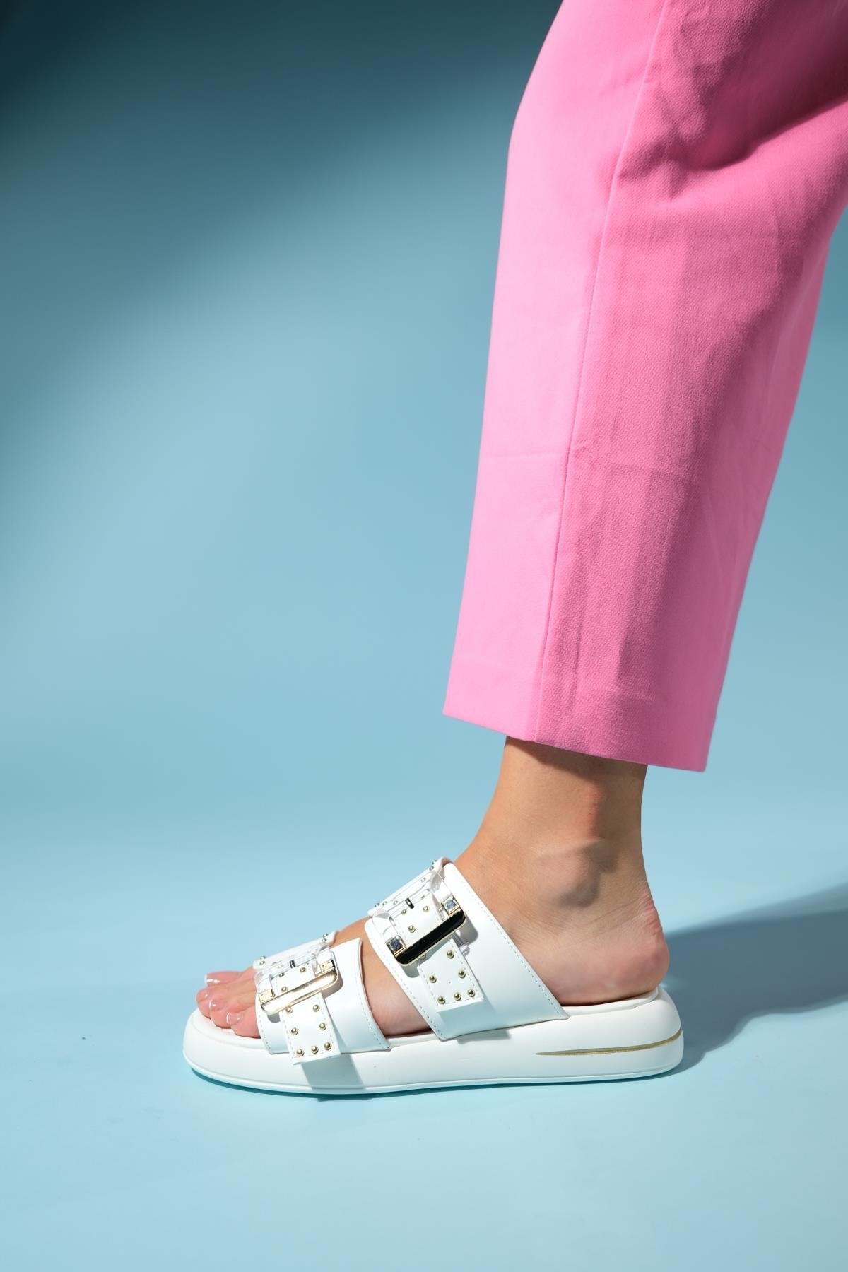Zley White Buckle Sandal – heel view showing leather, white, red, Vowalisse