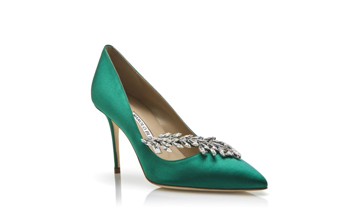 Genevieve Crown Green Jewel Buckle Pumps – top view showing green jewel buckle, pointed toe, satin, Vowalisse