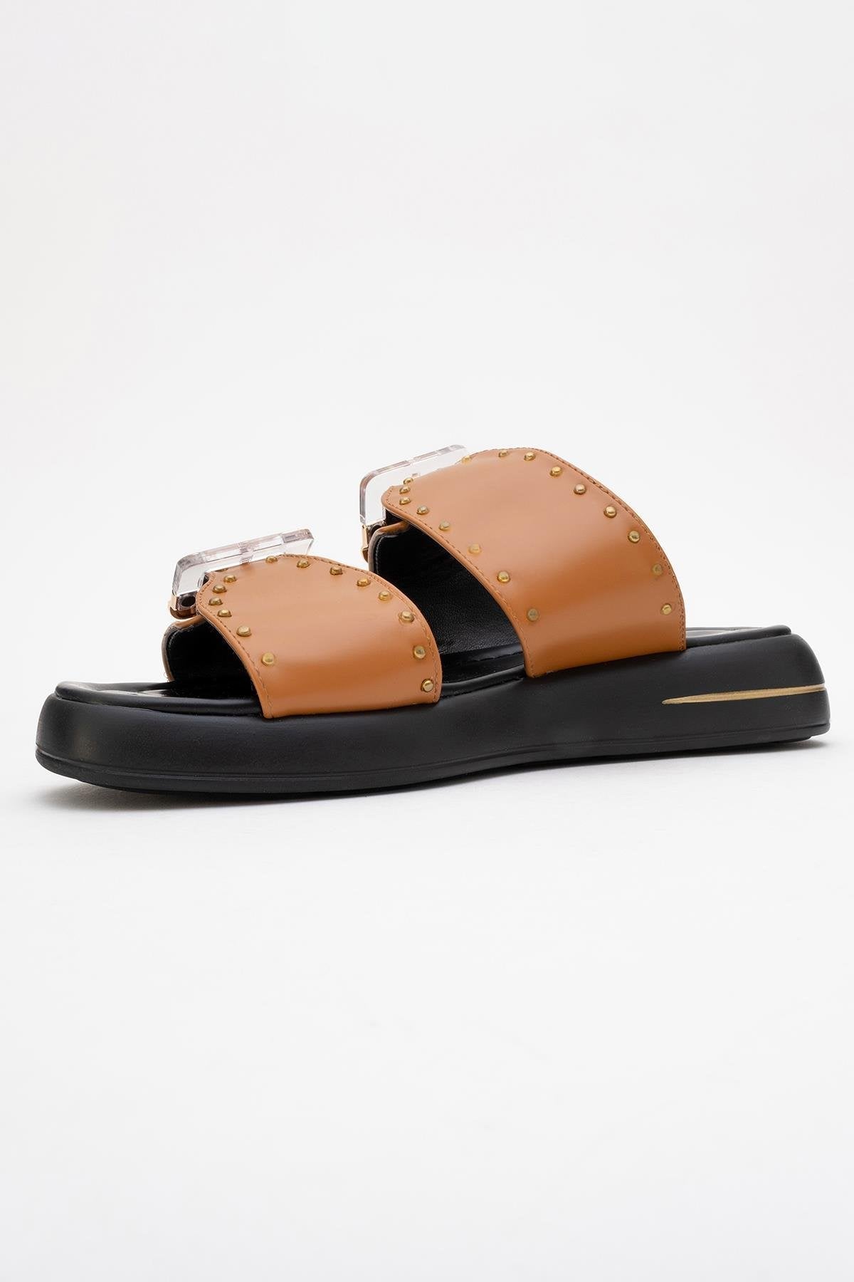 Zley Cognac Buckle Sandal – sole view showing leather, red, Vowalisse