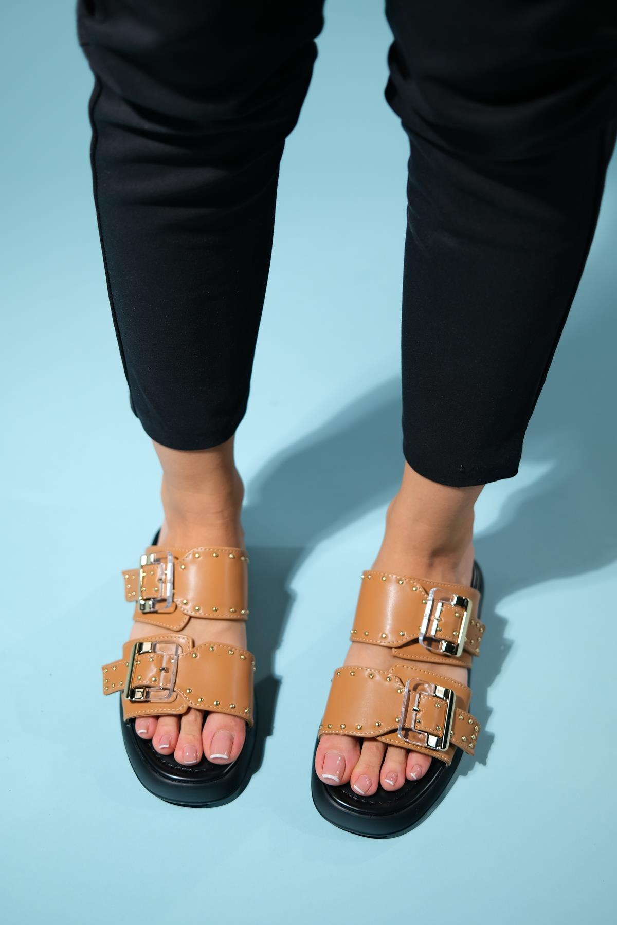 Zley Cognac Buckle Sandal – pair view showing leather, red, Vowalisse