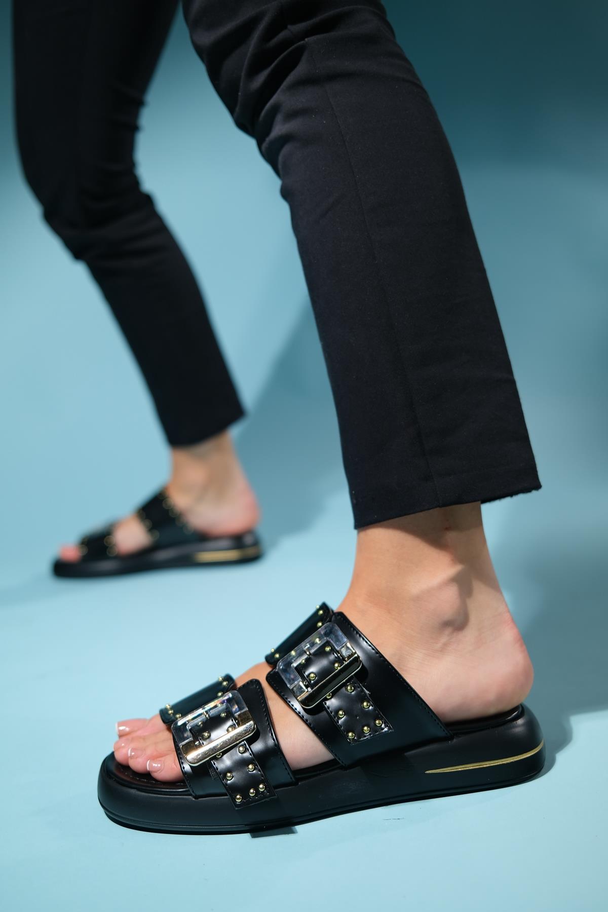 Zley Black Buckle Sandal – detail view showing leather, black, red, Vowalisse