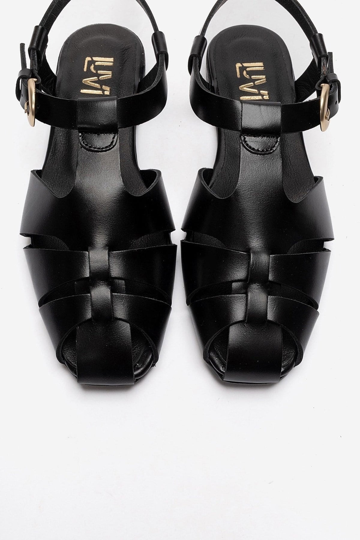 JANDOR - Black Genuine Leather Ankle-Strap Flat Sandal – side view showing leather, black, Vowalisse