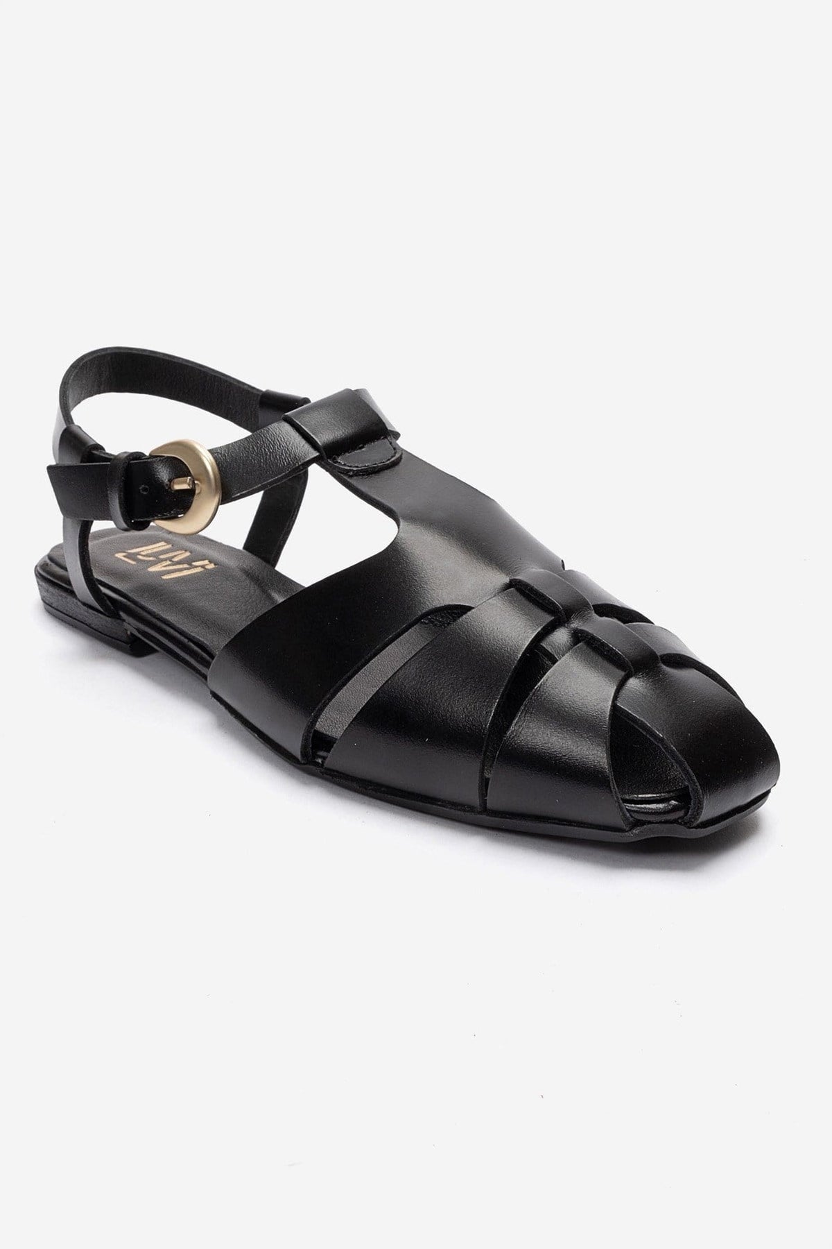JANDOR - Black Genuine Leather Ankle-Strap Flat Sandal – detail view showing leather, black, Vowalisse