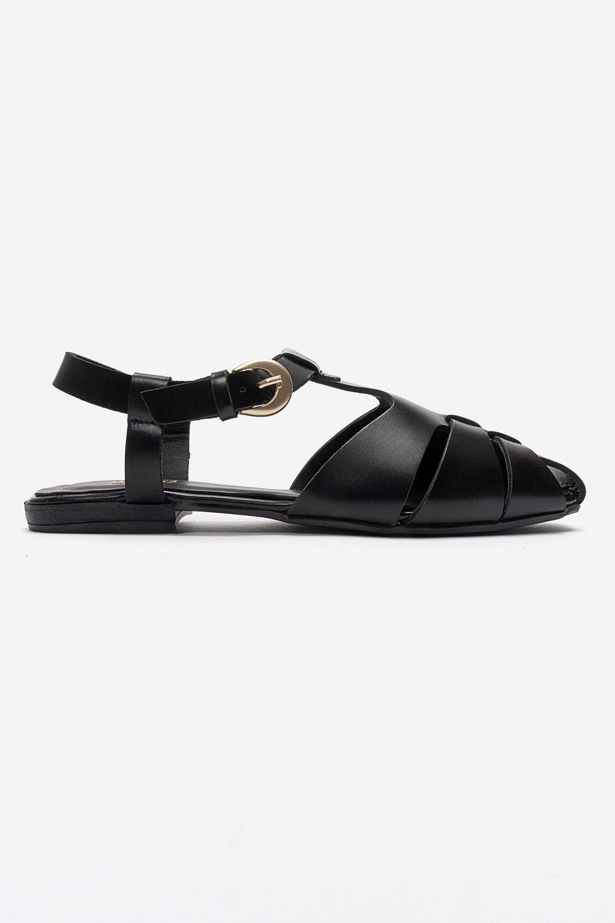 JANDOR - Black Genuine Leather Ankle-Strap Flat Sandal – heel view showing leather, black, Vowalisse