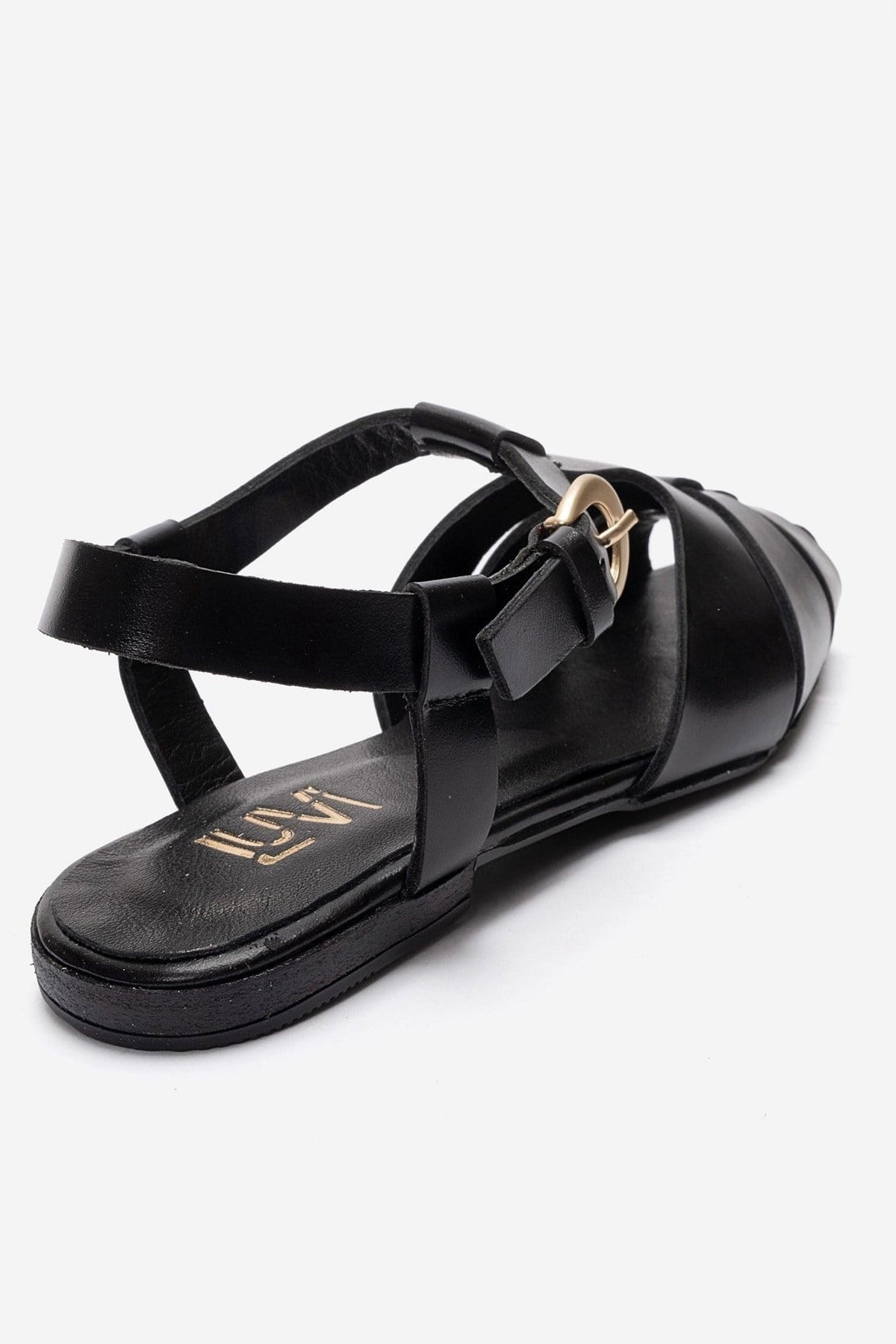 JANDOR - Black Genuine Leather Ankle-Strap Flat Sandal – back view showing leather, black, Vowalisse
