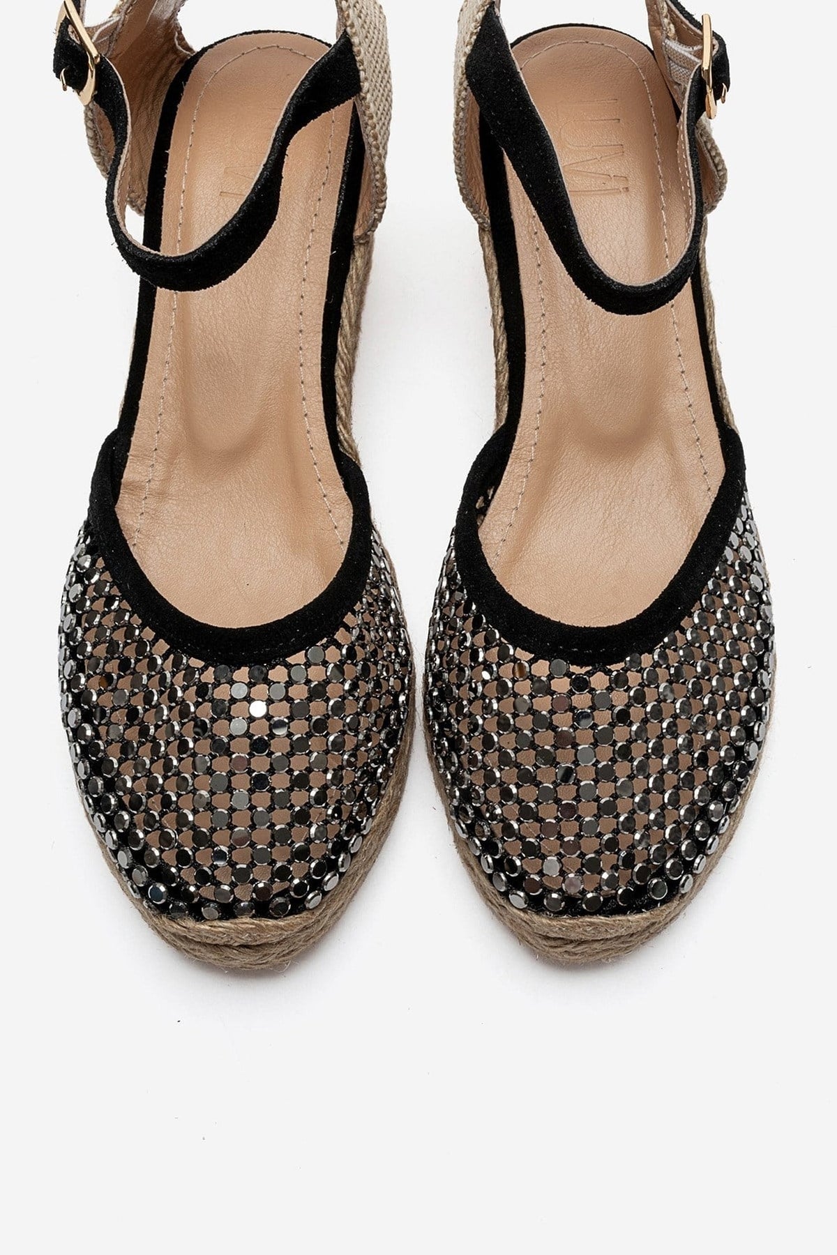 DRELIX - Black Genuine Leather Wedge Heel Espadrille Sandal – side view showing leather, suede, black, Vowalisse