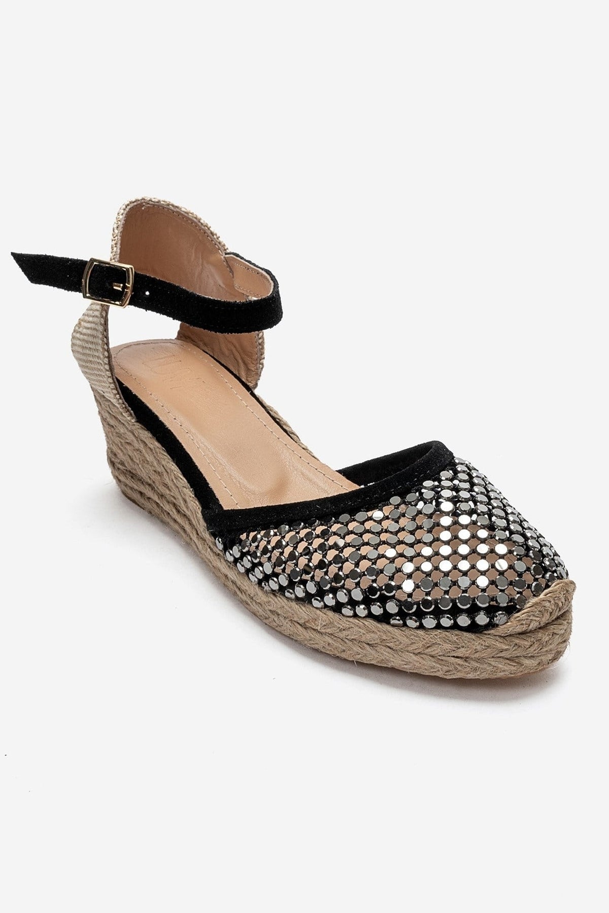 DRELIX - Black Genuine Leather Wedge Heel Espadrille Sandal – detail view showing leather, suede, black, Vowalisse