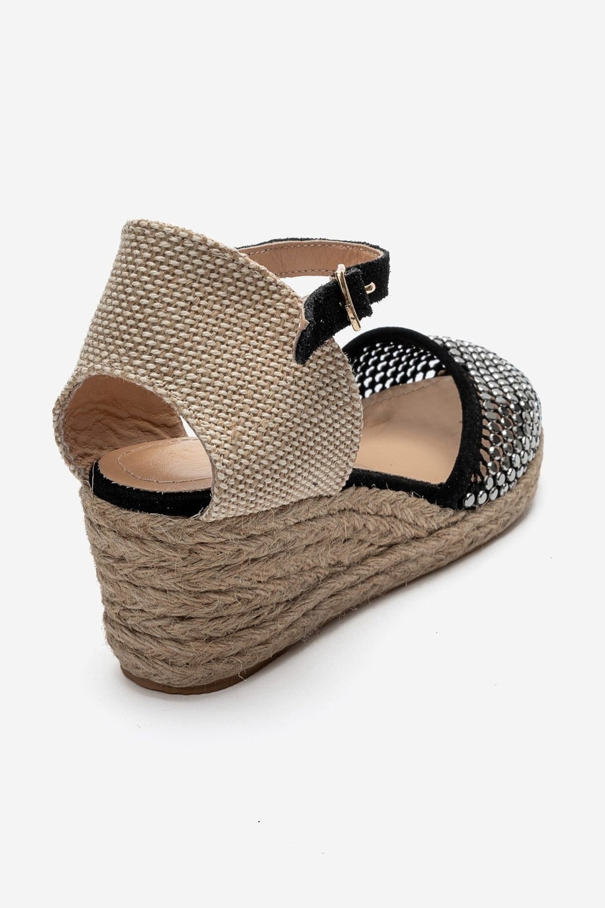 DRELIX - Black Genuine Leather Wedge Heel Espadrille Sandal – back view showing leather, suede, black, Vowalisse