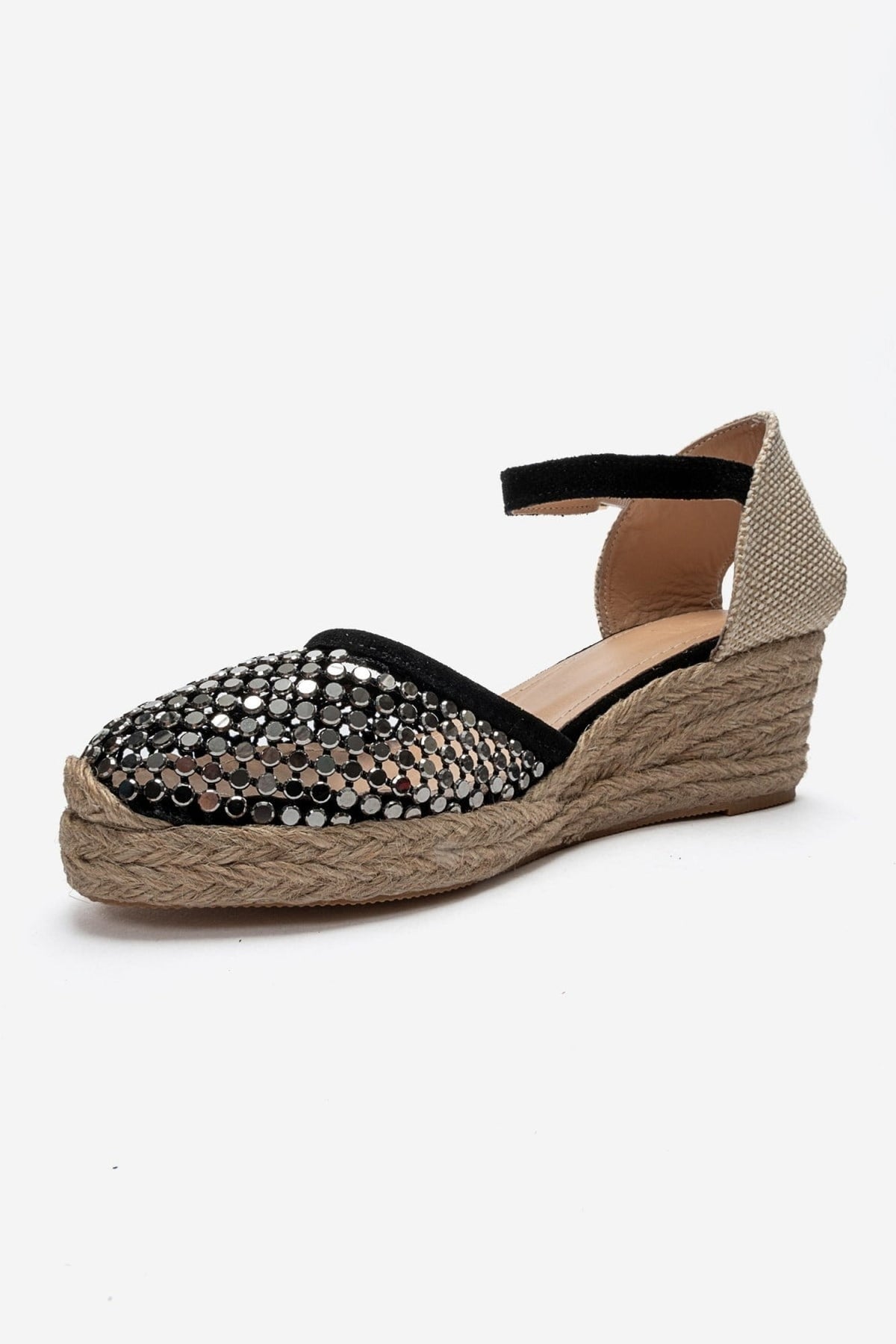 DRELIX - Black Genuine Leather Wedge Heel Espadrille Sandal – top view showing leather, suede, black, Vowalisse