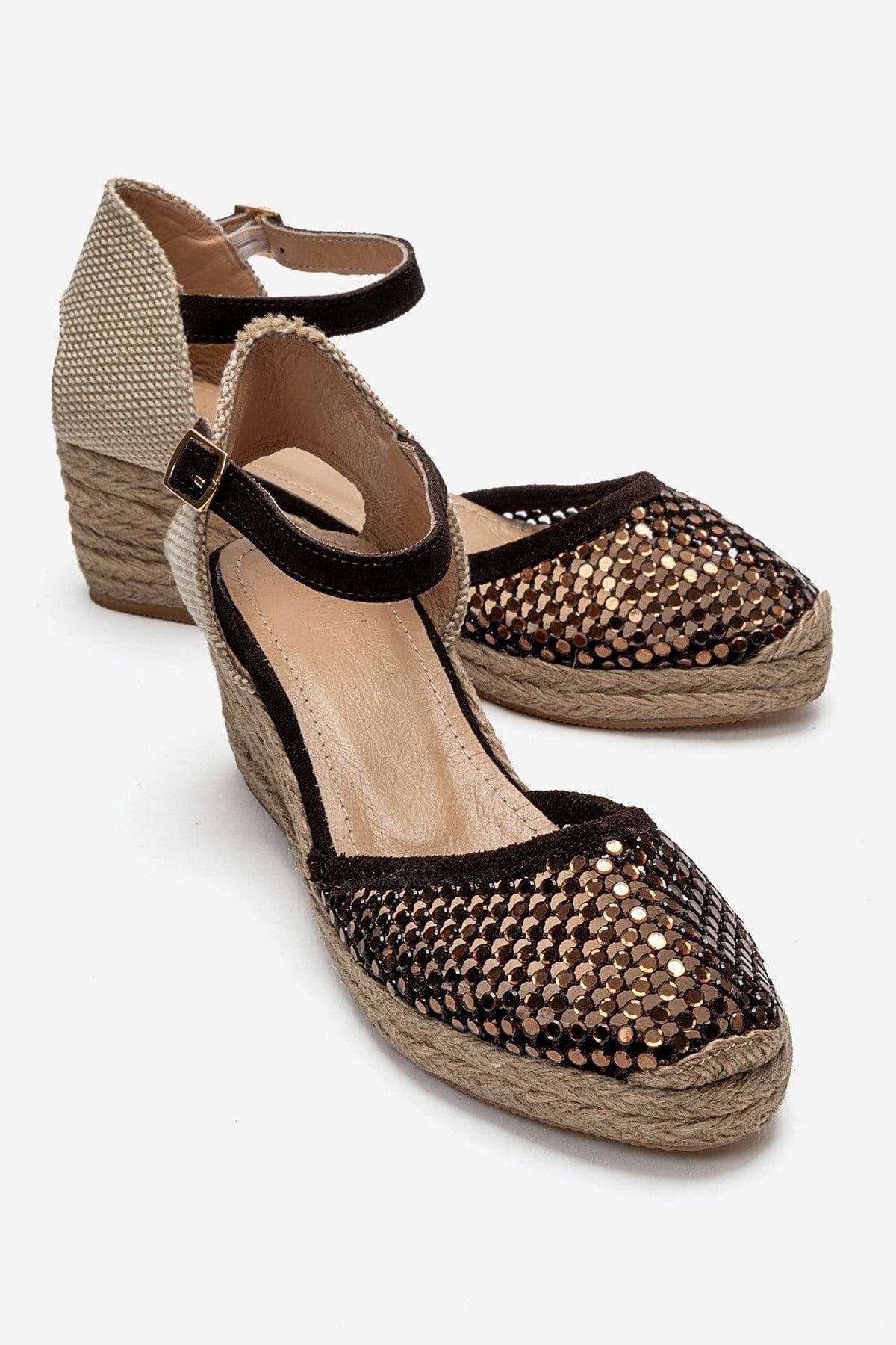 DRELIX - Cognac Genuine Leather Wedge Heel Espadrille Sandal – front three-quarter view showing leather, suede, Vowalisse