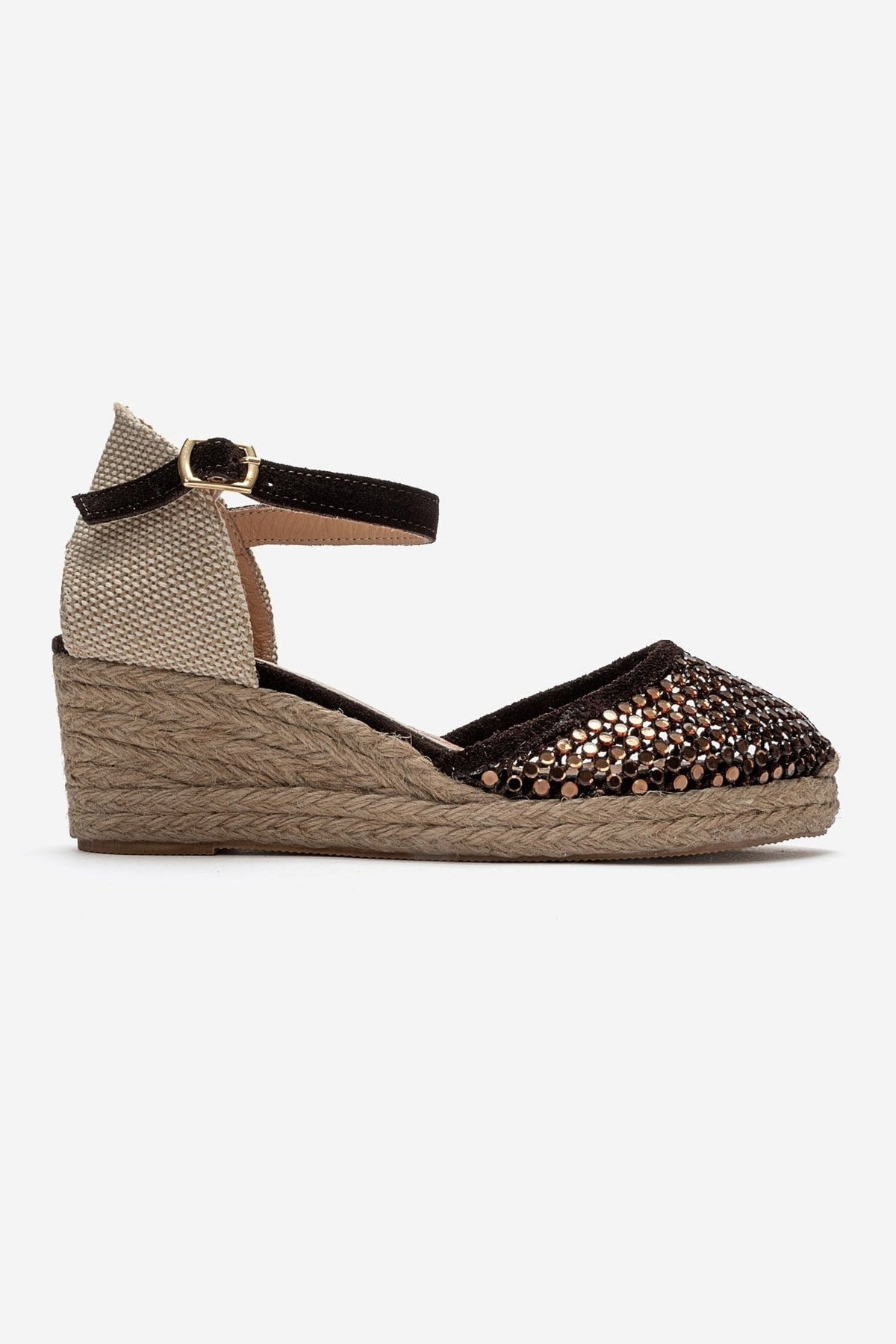 DRELIX - Cognac Genuine Leather Wedge Heel Espadrille Sandal – heel view showing leather, suede, Vowalisse